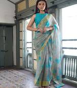 Grey block geometric print chiffon saree with unstiched blouse piece