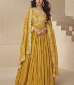 Yellow chinon silk embroidered designer anarkali suit