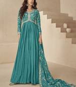 Sky blue chinon silk embroidered designer anarkali suit