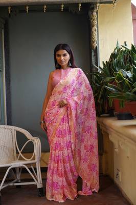 Peach floral print chiffon saree with unstiched blouse piece 1
