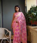 Peach floral print chiffon saree with unstiched blouse piece