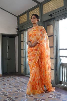 Light orange floral print chiffon saree with unstiched blouse piece 2