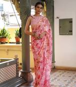 Light pink floral print chiffon saree with unstiched blouse piece