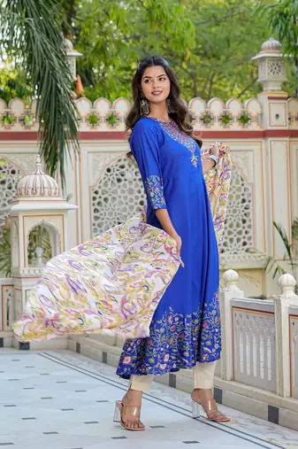 women's rayon floral placement printed anarkali kurti (blue) & dupatta