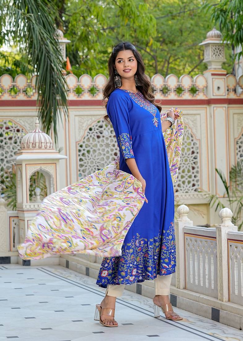 women's rayon floral placement printed anarkali kurti (blue) & dupatta