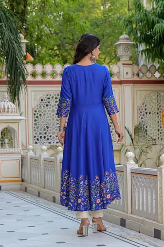 women's rayon floral placement printed anarkali kurti (blue) & dupatta