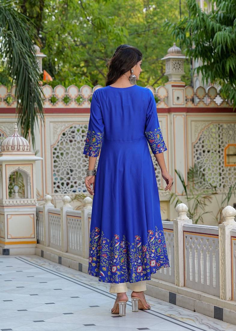 women's rayon floral placement printed anarkali kurti (blue) & dupatta