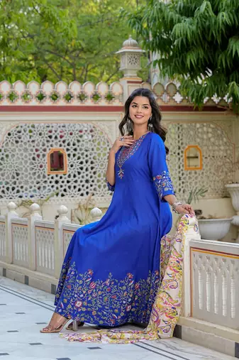 women's rayon floral placement printed anarkali kurti (blue) & dupatta