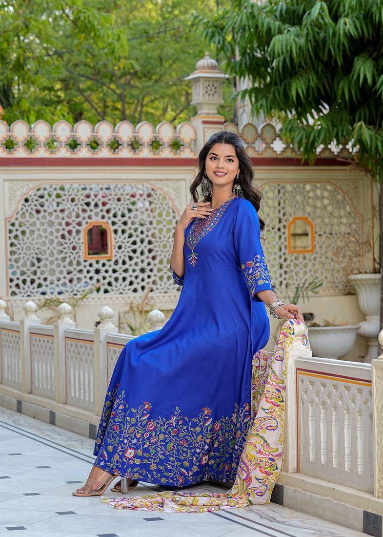 women's rayon floral placement printed anarkali kurti (blue) & dupatta