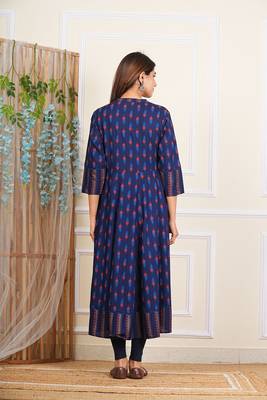  women's rayon ikat printed anarkali kurta mandarin collar with dupatta 2