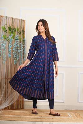  women's rayon ikat printed anarkali kurta mandarin collar with dupatta 3