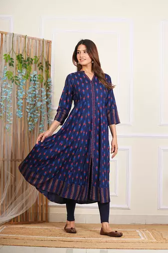  women's rayon ikat printed anarkali kurta mandarin collar with dupatta