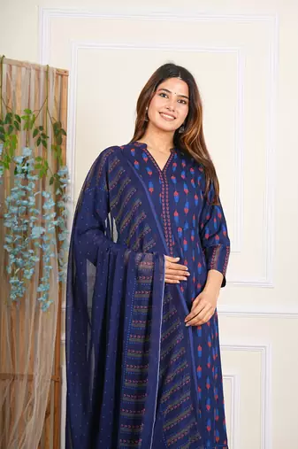  women's rayon ikat printed anarkali kurta mandarin collar with dupatta