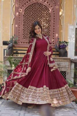 Maroon Designer Wedding N Karwa Couth Wear Embroidery Work Gown With Dupatta 1