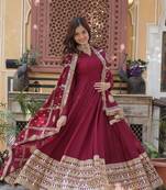 Maroon Designer Wedding N Karwa Couth Wear Embroidery Work Gown With Dupatta
