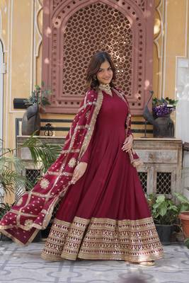 Maroon Designer Wedding N Karwa Couth Wear Embroidery Work Gown With Dupatta 4