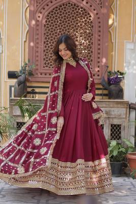 Maroon Designer Wedding N Karwa Couth Wear Embroidery Work Gown With Dupatta 5