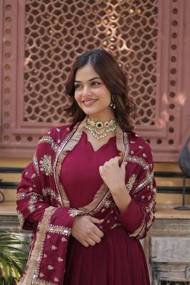 Maroon Designer Wedding N Karwa Couth Wear Embroidery Work Gown With Dupatta 6