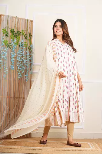 women's rayon ikat printed anarkali kurta mandarin collar with dupatta