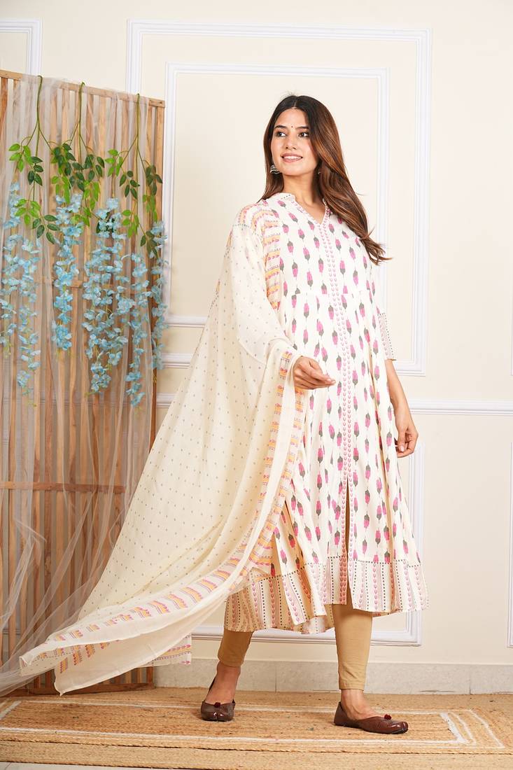 women's rayon ikat printed anarkali kurta mandarin collar with dupatta