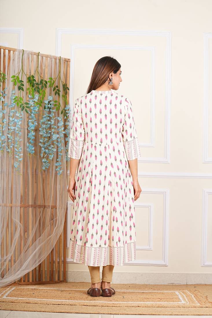 women's rayon ikat printed anarkali kurta mandarin collar with dupatta