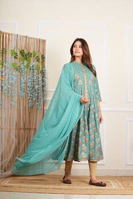 women's rayon floral printed anarkali kurta mandarin collar with gota detailling & dupatta 2