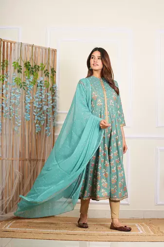 women's rayon floral printed anarkali kurta mandarin collar with gota detailling & dupatta