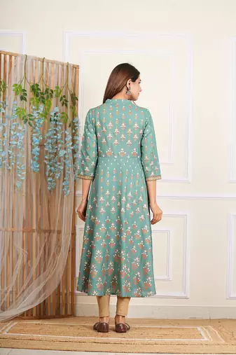 women's rayon floral printed anarkali kurta mandarin collar with gota detailling & dupatta