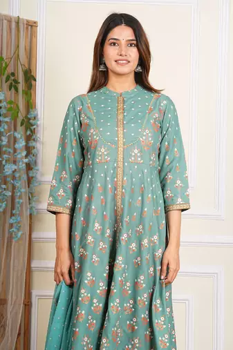 women's rayon floral printed anarkali kurta mandarin collar with gota detailling & dupatta