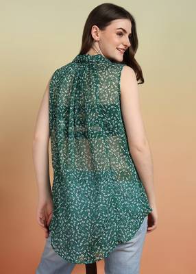  women's chiffon floral print waist lengtth c-cut spread collar sleeveless top (green) 3