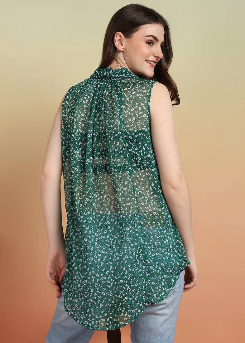 Yash gallery women's chiffon floral print waist lengtth c-cut spread collar sleeveless top (green)