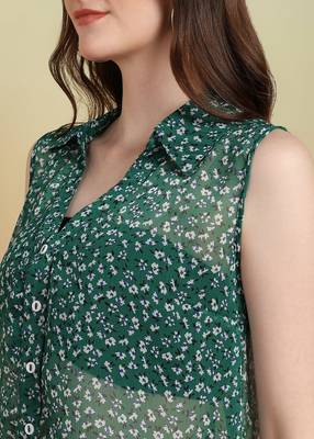  women's chiffon floral print waist lengtth c-cut spread collar sleeveless top (green) 4