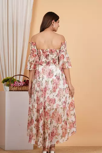 Floral chiffon maxi dress off shoulder neck with smocked summer dress