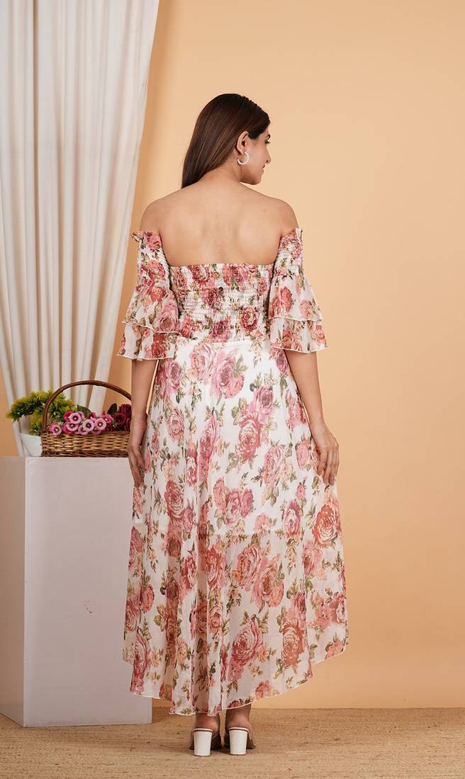 Floral chiffon maxi dress off shoulder neck with smocked summer dress