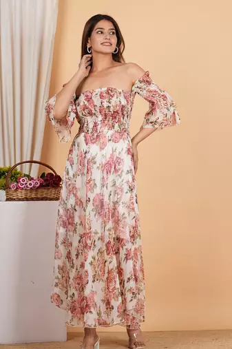 Floral chiffon maxi dress off shoulder neck with smocked summer dress