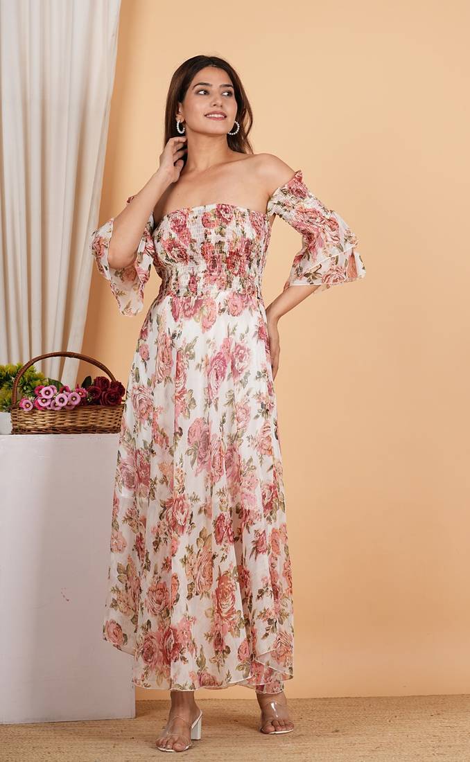 Floral chiffon maxi dress off shoulder neck with smocked summer dress