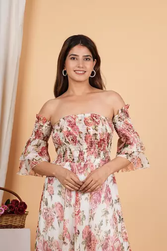 Floral chiffon maxi dress off shoulder neck with smocked summer dress