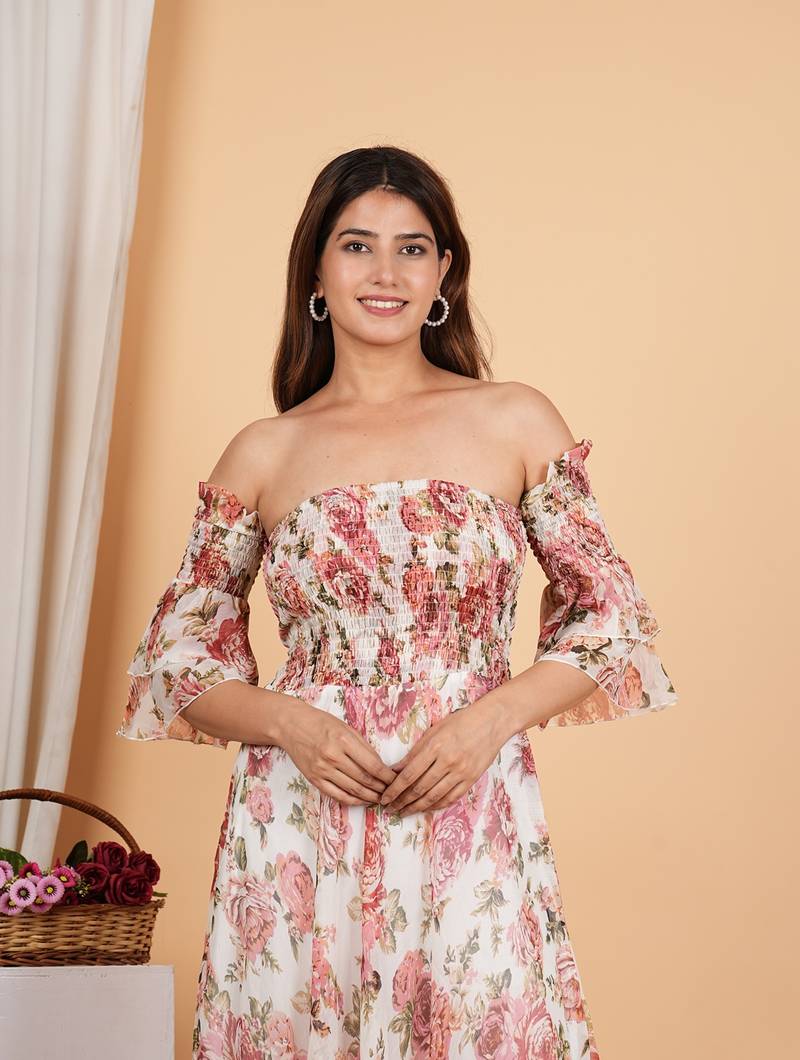 Floral chiffon maxi dress off shoulder neck with smocked summer dress