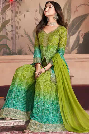 Light green chinon silk sequence designer Palazzo suit