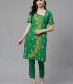 Hand embroidered green cotton lucknowi chikankari straight kurta with trouser set
