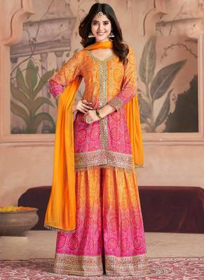 Yellow chinon silk sequence designer Palazzo suit 1