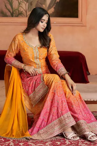 Yellow chinon silk sequence designer Palazzo suit