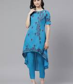 Hand embroidered blue cotton lucknowi chikankari straight kurta with trouser set