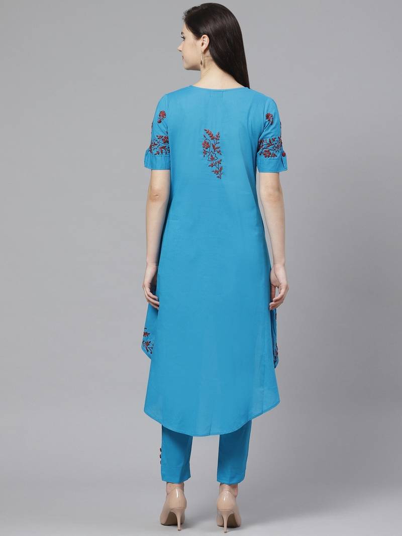 Hand embroidered blue cotton lucknowi chikankari straight kurta with trouser set