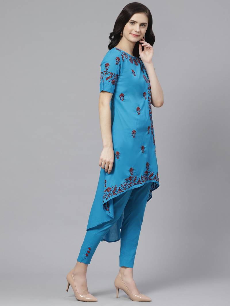 Hand embroidered blue cotton lucknowi chikankari straight kurta with trouser set