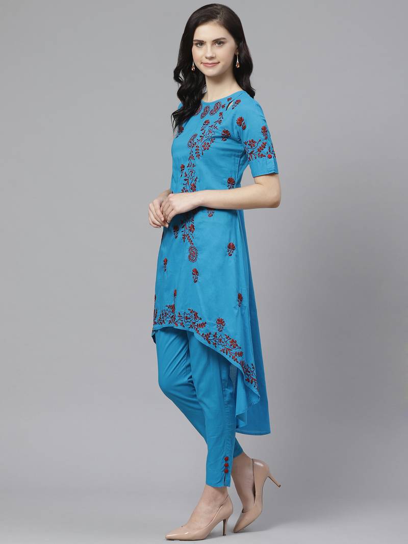 Hand embroidered blue cotton lucknowi chikankari straight kurta with trouser set