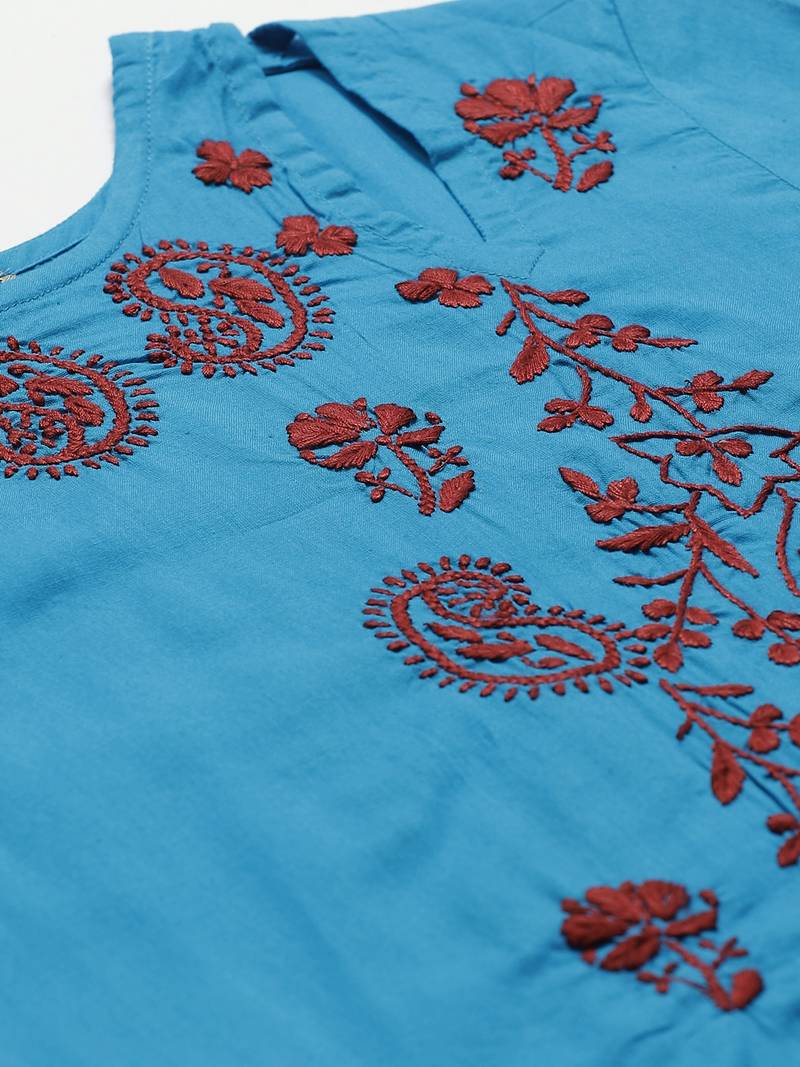 Hand embroidered blue cotton lucknowi chikankari straight kurta with trouser set