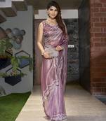 Designer lavender heavy zirkan work silk saree