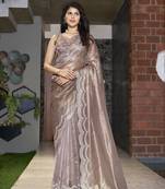 Designer beige heavy zirkan work silk saree