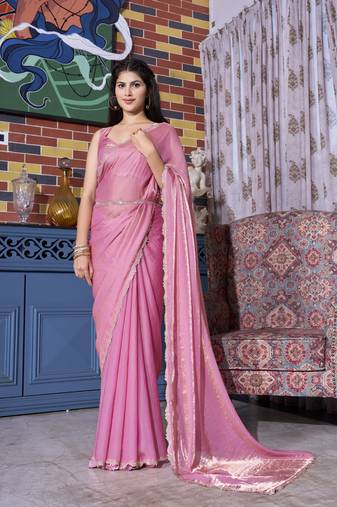 Designer pink handwork zircan work two tone silk saree